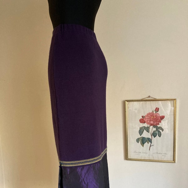 Vintage Long Skirt by Le Gaillard | Violet Purple Knitwork Fabric Maxi Skirt w/Slit | Stretchy Skirt w/Merino Wool & Acrylic | FR42 DE40 M/L