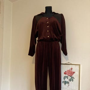 May include: A maroon velvet jumpsuit with long sleeves and a button-up front. The shoulders have sheer black panels.
