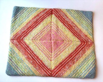 Vintage Handmade Mohair Blend Pillow Cover | Pastel Rainbow Knit Front & Floral Viscose Back | 47×41 cm Decorative Cushion Case