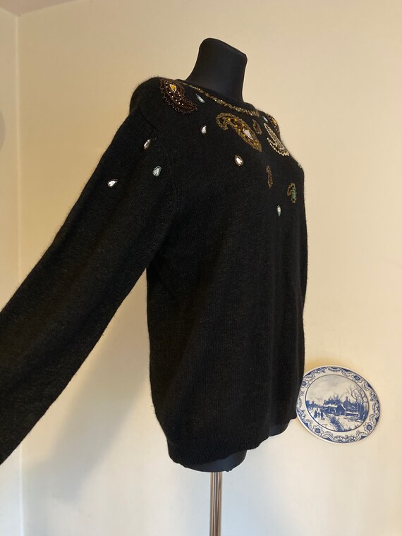 Vintage 90s Beaded Wool Blend Black Sweater by Be… - image 6