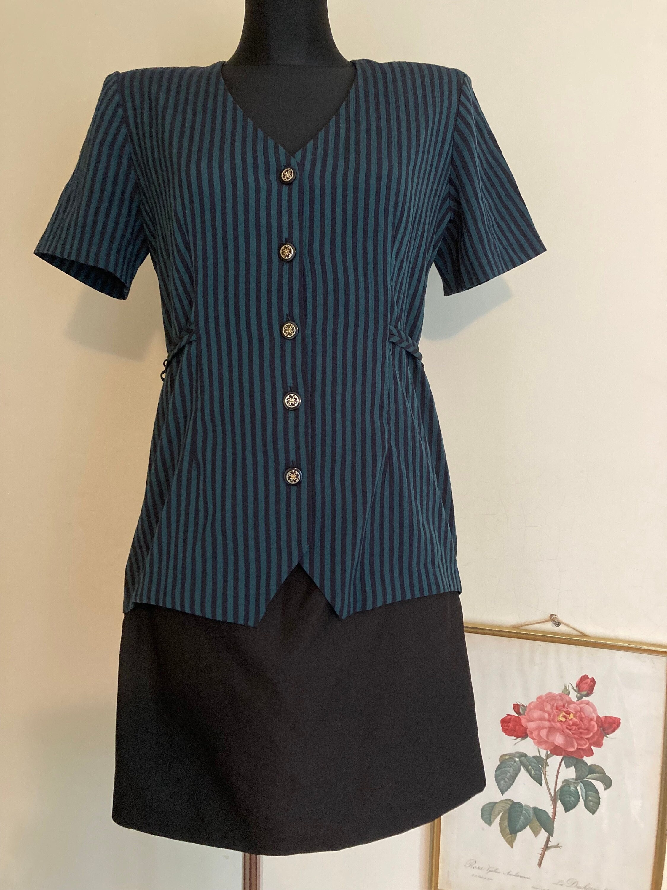 BehindTheRiver Vintage 80s 90s Duo Dress by Lisa Jo Skirt Jacket Set Dress Green Striped Blazer Black Pencil Skirt Short Sleeve M Us5 6 DE36 38