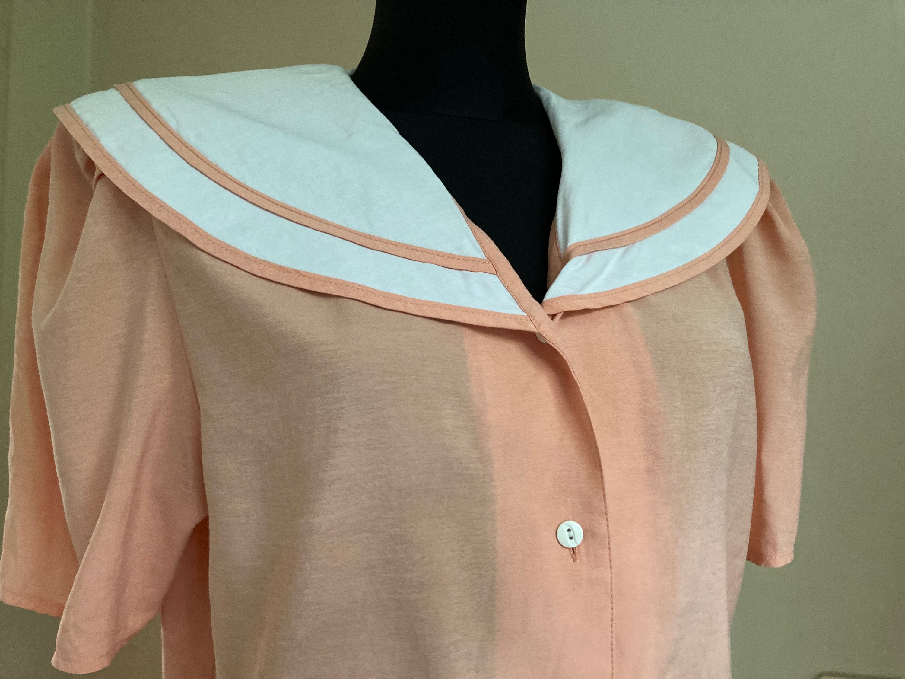 Vintage 80s Nautical Sailor Collar Blouse in Pastel Peach
