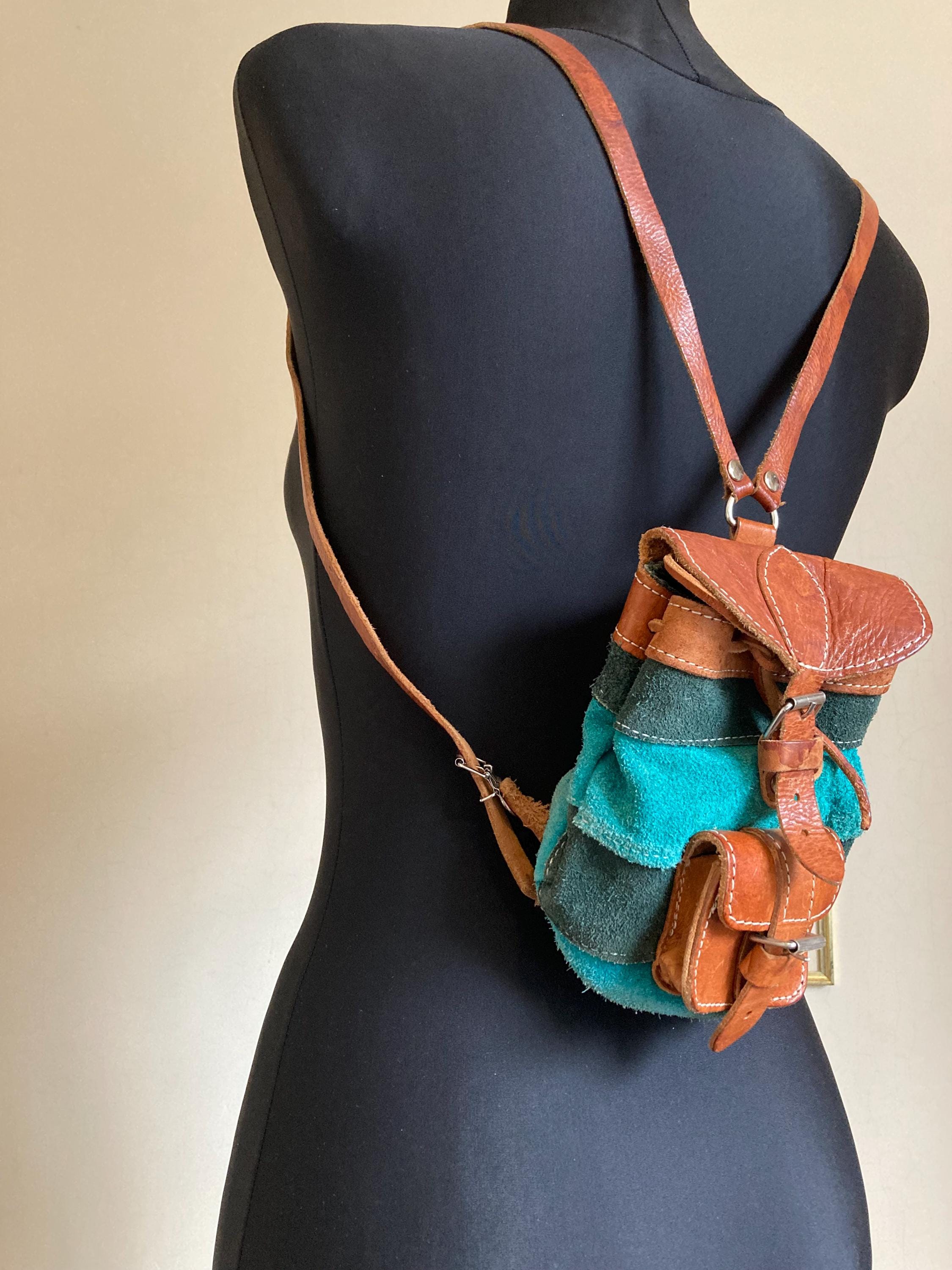 Vintage Leather Suede Mini Backpack | Turquoise Blue Brown  display picture 1