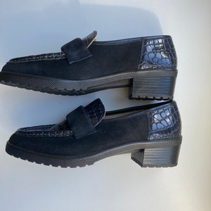 Vintage Black Loafers by Scholl Back Guard | Partially Genuine Leather | Lacquered Reptile Imitation | Round Toe Slip Ons | UK4 US6 EU36-37