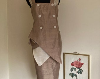 Vintage Pure Silk Evening Gown by Harris Mitsiopoulos Atelier | Taupe/Beige Double Breasted Strapped Dress w/Peplum Skirt | DE42-46 L-1X