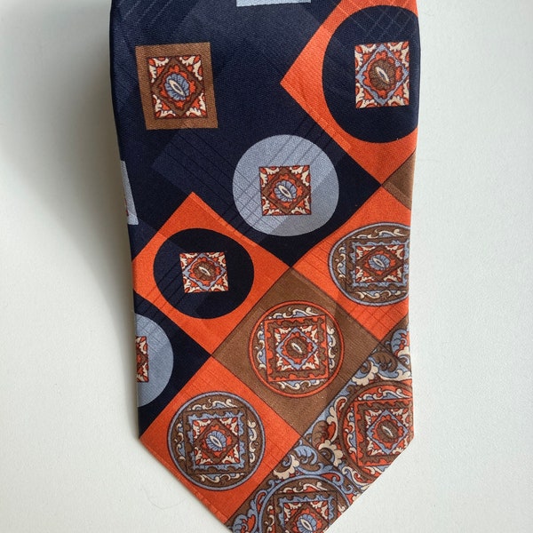 Corbata vintage hecha a mano 100% seda / SCARAB by Scabal Milano-Paris / Made in Italy / Patrón geométrico ornamental abstracto en naranja marrón azul