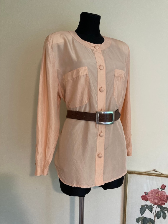 Vintage Silk Gentle Peach Pink Blouse by Reine Seide Flaser | Button Down Collared Shirt Creamy Pink | Sheer Silk Fabric | Elegant | L DE42