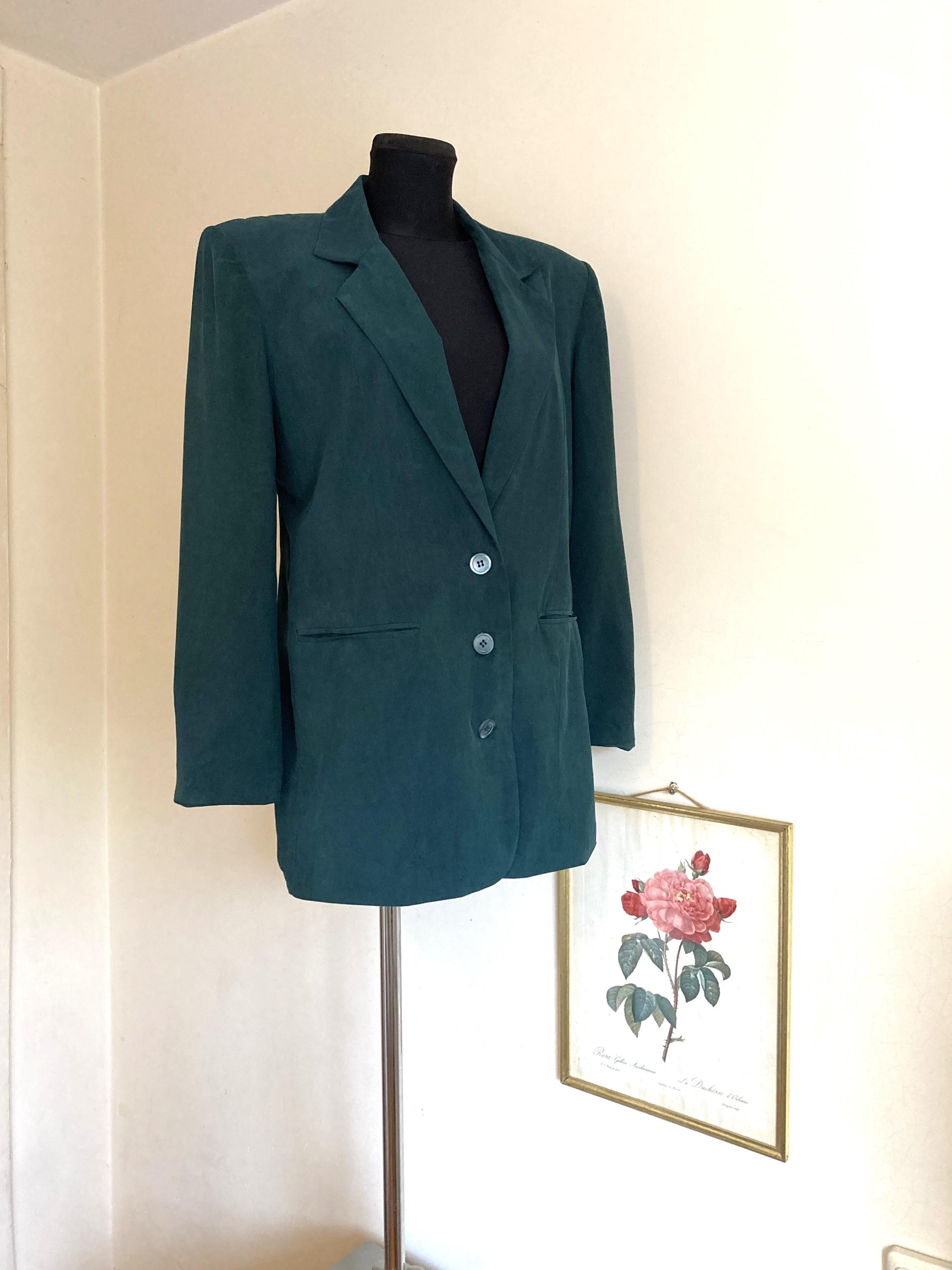 Vintage Pure Silk Blazer in Forest Green | Designed by OLSEN | Luxury Soft Silk | Elegant V-Neck Straight Blazer | Vtg size 38 Fits M/L
