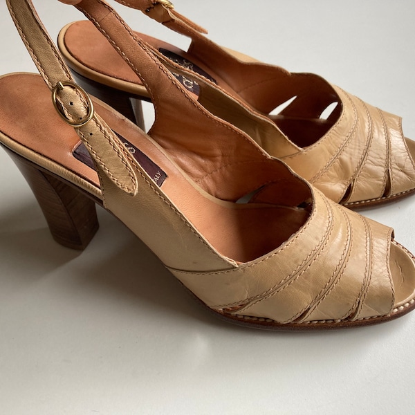 Vintage Leather Sandal Heels by Cypres | Made in Italy | Quality Italian Leather | Cream Beige Open Toe Heel Strap Shoes | EU36 UK3.5 US5.5