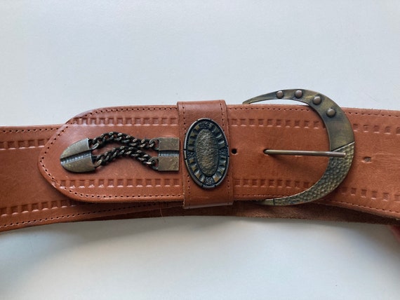 Vintage Light Brown Genuine Leather Belt W/tooled Engraved  display picture 1