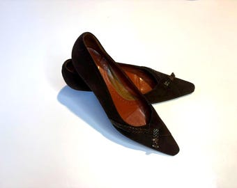 Vintage Italian Suede Kitten Heel Pumps | Brown Braided Detail | EU 37