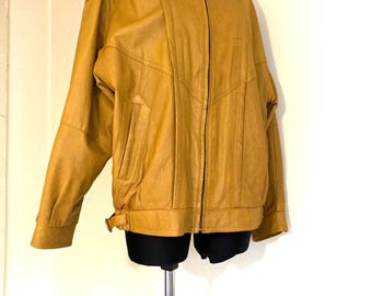 Vintage 80s-90s Genuine Leather Jacket | Autumn Maple Leaves Yellow | Brownish Yellow | Unisex Bomber Jacket | Men's size 52 L Women's L-XL