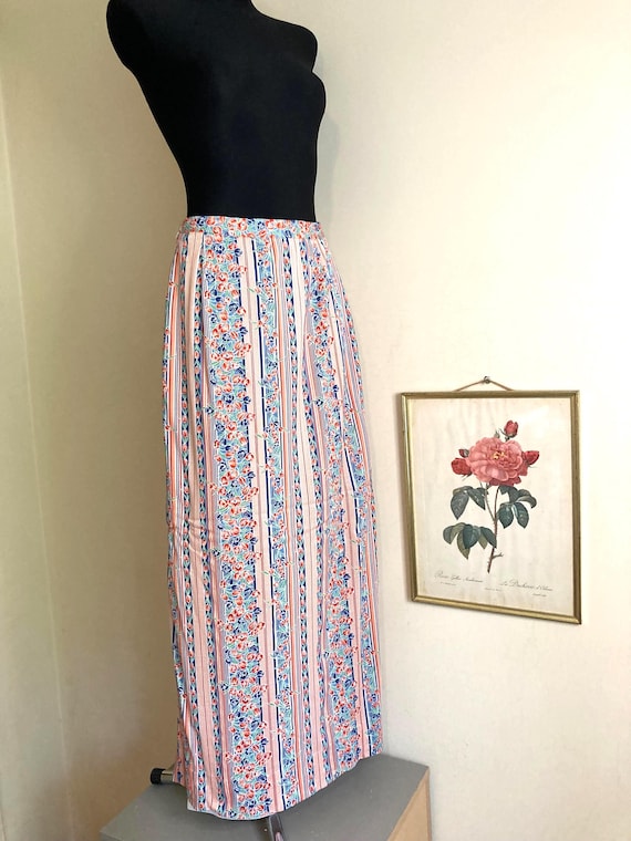 Vintage 70s Boho Maxi Skirt W/striped Floral Print Blue Red Pink