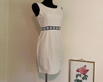 Vintage Linen Dress w/See-through Embroidered Lace Waist Line | Beige Sleeveless Elegant Short Dress | Cotton/Linen Blend | DE36-38 M US6-8