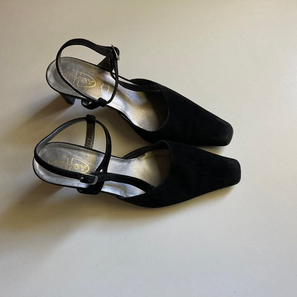 Vintage High Heel Shoes by ASHBY | Black Leather Suede Slingback Pointed Toe Shoes | Evening Open Back Heels | Eur 38 US 7.5 UK 5.5