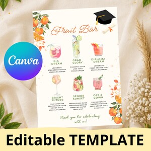 Könnte beinhalten: Eine Fruit Bar Menüvorlage zum Thema Abschlussfeier mit Aquarellillustrationen von Zitrusfrüchten, einem schwarzen Doktorhut und sechs Cocktailrezepten mit den Titeln Big Dream, Grad Glory, Diploma Dream, Bright Future, Senior Sunset und Cap & Gown.