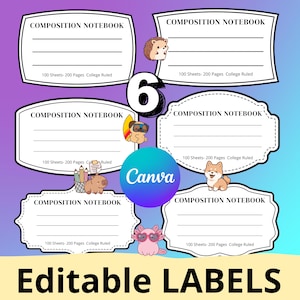 Puede incluir: Seis etiquetas de cuadernos de composición con ilustraciones de animales de dibujos animados. Cada etiqueta tiene un fondo blanco con el texto "COMPOSITION NOTEBOOK" y "100 Sheets- 200 Pages College Ruled". Las palabras "Editable LABELS" están en la parte inferior.