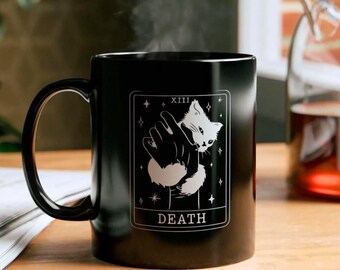 Tarot Cat Coffee Mug: Black Ceramic Halloween Mug