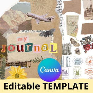 Può includere: Un modello digitale in stile collage con la scritta "my Journal" in lettere colorate ritagliate. Il design include un aeroplano di carta, una farfalla, un fiore e timbri a tema viaggio. Il logo Canva è presente, insieme alle parole "Editable TEMPLATE".