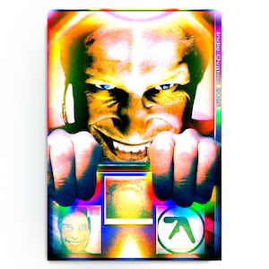 May include: A vibrant, digitally altered artwork featuring a close-up of a person's face with a wide, unsettling grin and piercing blue eyes. The image is overlaid with bright, psychedelic colors and includes smaller inset images and the text "Indie Ovation 2025".