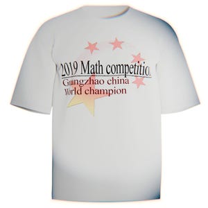 May include: White t-shirt with short sleeves featuring the text "2019 Math competition Guangzhou china World champion". The text is accompanied by pink stars and a yellow star.