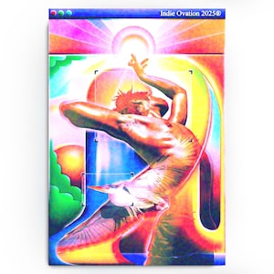 May include: A vibrant, colorful art print featuring a muscular figure with outstretched arms, a bird, and a radiant sun. The artwork has a retro, psychedelic style with the text "Indie Ovation 2025®" at the top. The color palette includes blues, oranges, and pinks.