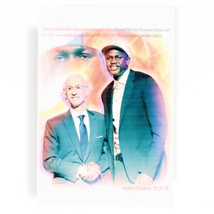 May include: A digitally enhanced image featuring two men in suits shaking hands. The text at the top reads "Duke basketball's Khaman Maluach was selected by the Phoenix Suns with the No. 10 overall pick in the 2025 NBA Draft in Brooklyn."