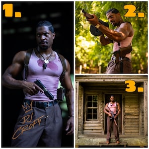 May include: A man in a pink tank top and brown pants, holding a handgun. He wears a leather shoulder holster and a necklace. The image includes the text "DJ CROFTY" with a crown.