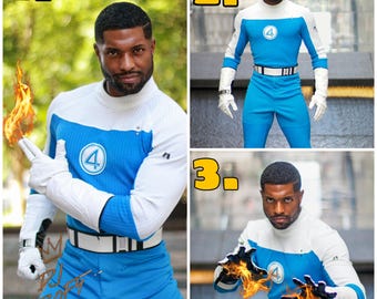 May include: A person in a blue and white superhero costume with a white belt and gloves. The costume has a large number 4 on the chest. The person is holding a flame in their hand. The image has the text "PJ CROFT" in the bottom left corner.
