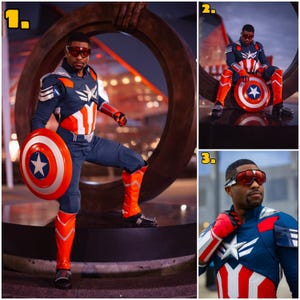 Pode incluir: Um traje do Capit&atilde;o Am&eacute;rica, com um fato azul e branco adornado com uma estrela, detalhes vermelhos e brancos e um escudo a condizer. O traje inclui botas e &oacute;culos vermelhos. A pessoa est&aacute; a posar com o escudo.