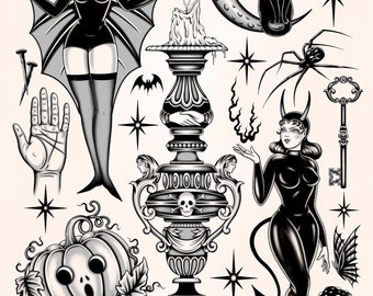 May include: Black and white illustration of various Halloween themed images including a witch, a pumpkin, a spider, a skull, a key, a candle, a crescent moon, a snail, a mushroom, and a devil. The text "ALLEGRA MABEVA" is at the bottom of the image.