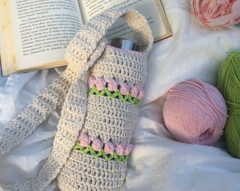 Crochet Tulip Water Bottle Holder – Handmade Crossbody  Cotton Sling Bag