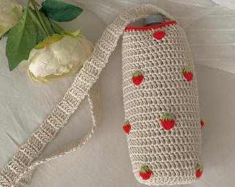 Strawberry Crochet  Water Bottle Holder, Unique personolized gift, Thermos carry shoulder bag