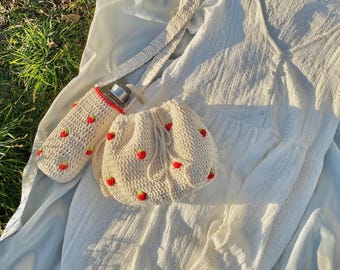 Crochet Strawberry Bag with Water Bottle Holder - Fun Fruit Accessories Set, drawstring pouch