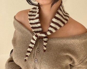 Brown Striped Crochet Skinny Scarf, Wool Blend Mini Neck Tie