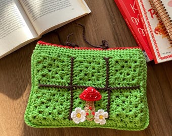 Crochet Mushroom Book Cover: Granny Square Book Case
