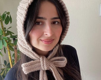 Beige Crochet Mohair Bow Bonnet: Handmade Soft Winter Hood Scarf for Women