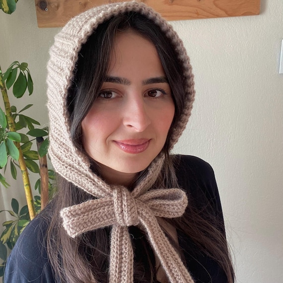 Beige Crochet Mohair Bow Bonnet: Handmade Soft Winter Hood  display picture 1