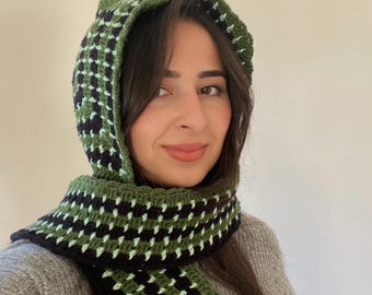 Black & Green Crochet Hooded Scarf – Granny Square Cowl
