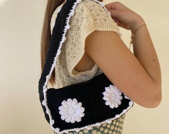 Crochet Flower Shoulder Bag: Knit Granny Square Tote, Recycled Cotton