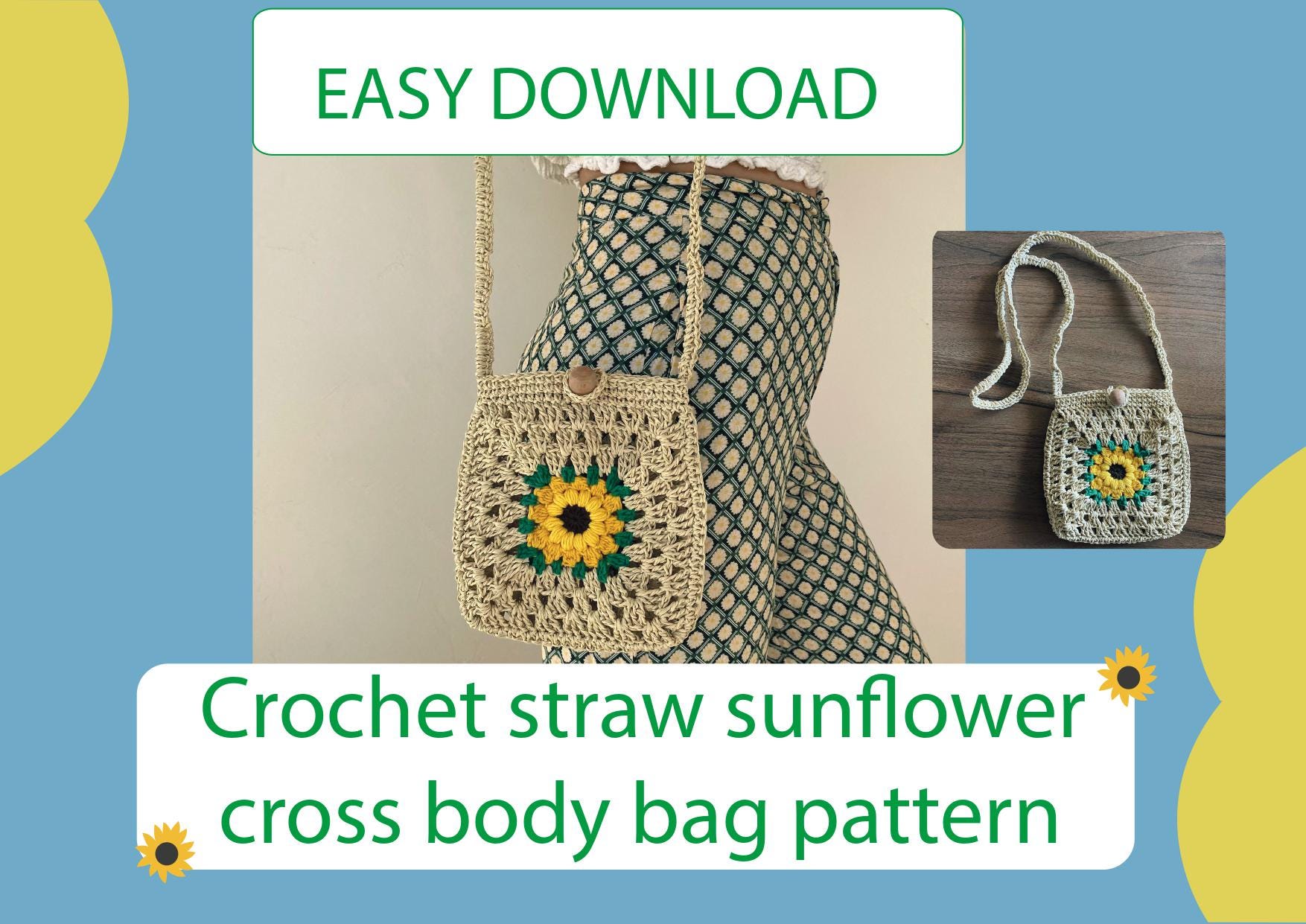 Straw Sunflower Crochet Bag Pattern, Small Crossbody Bag