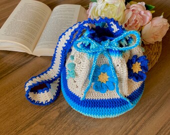 Crochet Flower Bucket Bag: Handmade Granny Square Tote, Recycled Cotton