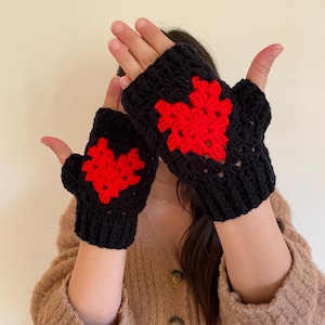 Black Crochet Heart Fingerless Gloves: Granny Square Knit Arm Warmers