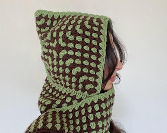 Crochet Granny Square Hooded Scarf: Brown & Green Wool Balaclava