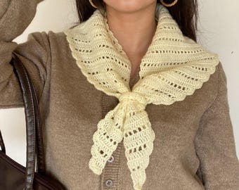 Cream Crochet Triangle Scarf, Mohair Look Mesh Head Wrap, Lightweight Wool Neck Scarf