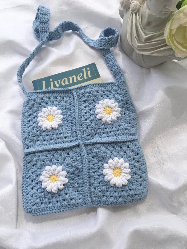 Daisy Crochet Handbagcrochet Tote Bagfloral Tote Bagcute - Etsy