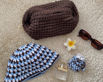 Crochet Travel Set: Makeup Bag, Bucket Hat & Headphone Holder