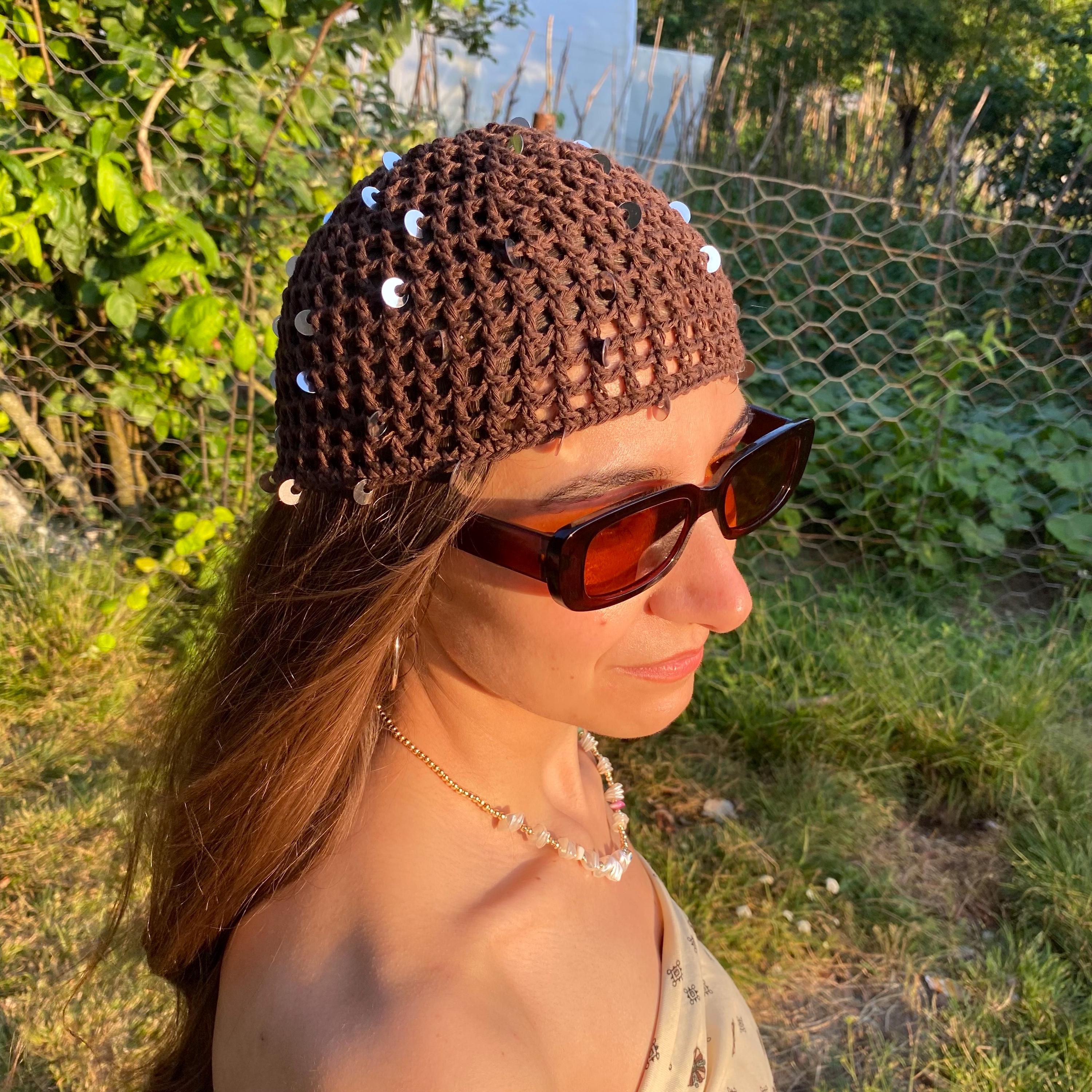 Brown Crochet Sequin Skull Cap – Boho Mesh Summer Hat, Head 