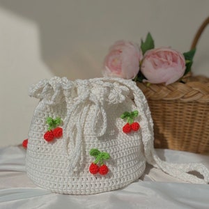 Crochet Cherry Drawstring Bag: Handmade Fruit Pouch Purse