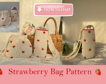 Patron Sac à fraises au crochet et ensemble porte-bouteille d'eau au crochet, sac à fraises PDF, porte-bouteille d'eau téléchargeable
